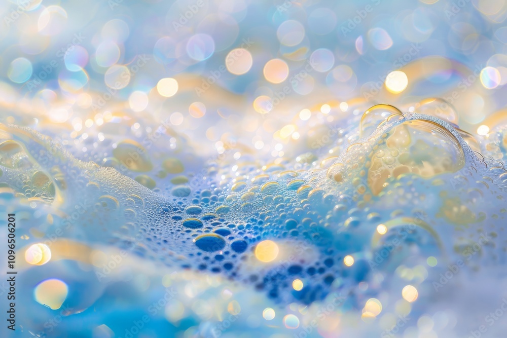 Poster close-up of soap bubbles with colorful reflections in soft light. concept of cleanliness or abstract
