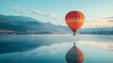 Hot air balloon floating above a mountain lake at dawn, capturing perfect reflection in calm waters with pastel sunrise colors and dreamy morning mist in a panoramic view.