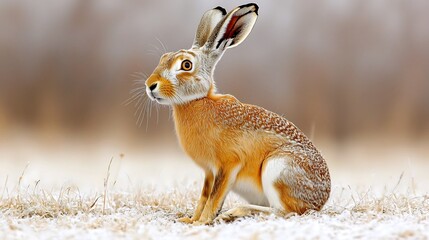 Vigilant Hare Camouflaged in Snowy Field