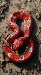 Bright red snake resting on muddy ground in a natural habitat during daytime