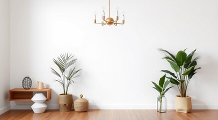 Minimalist living room with plants and gold chandelier on white wall.