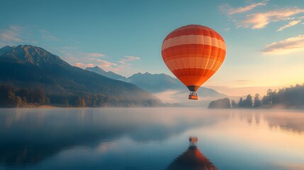 Hot air balloon floating above&nbsp;a mountain lake at dawn, capturing&nbsp;perfect reflection in calm waters with&nbsp;pastel sunrise colors and dreamy morning&nbsp;mist in a panoramic view.