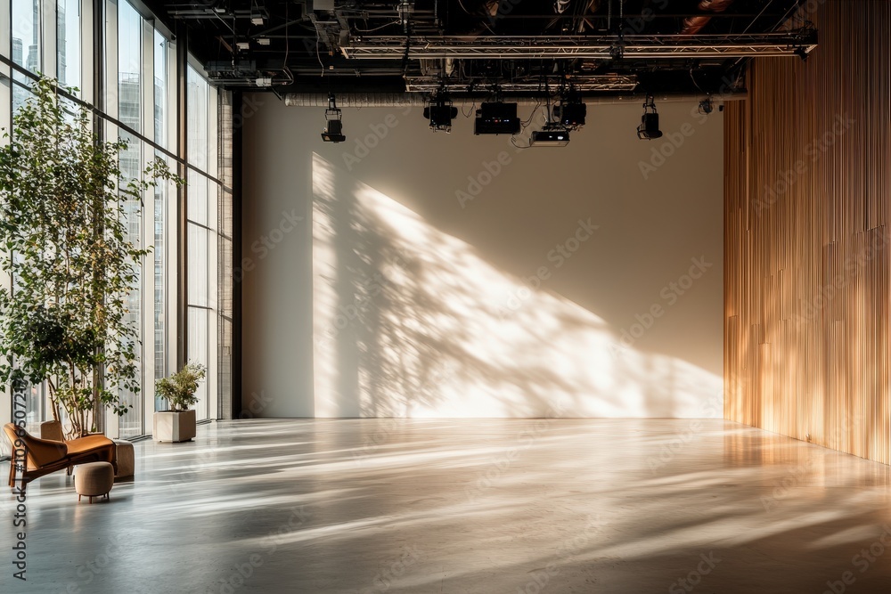 Poster vivid projection setup for storytelling in a modern creative space with natural light and minimalist
