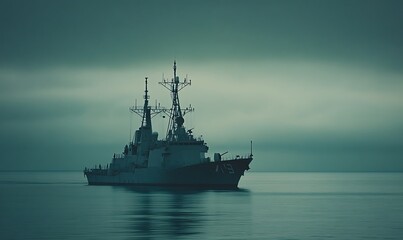 Obraz premium A solitary naval ship navigates calm waters under a moody, overcast sky.