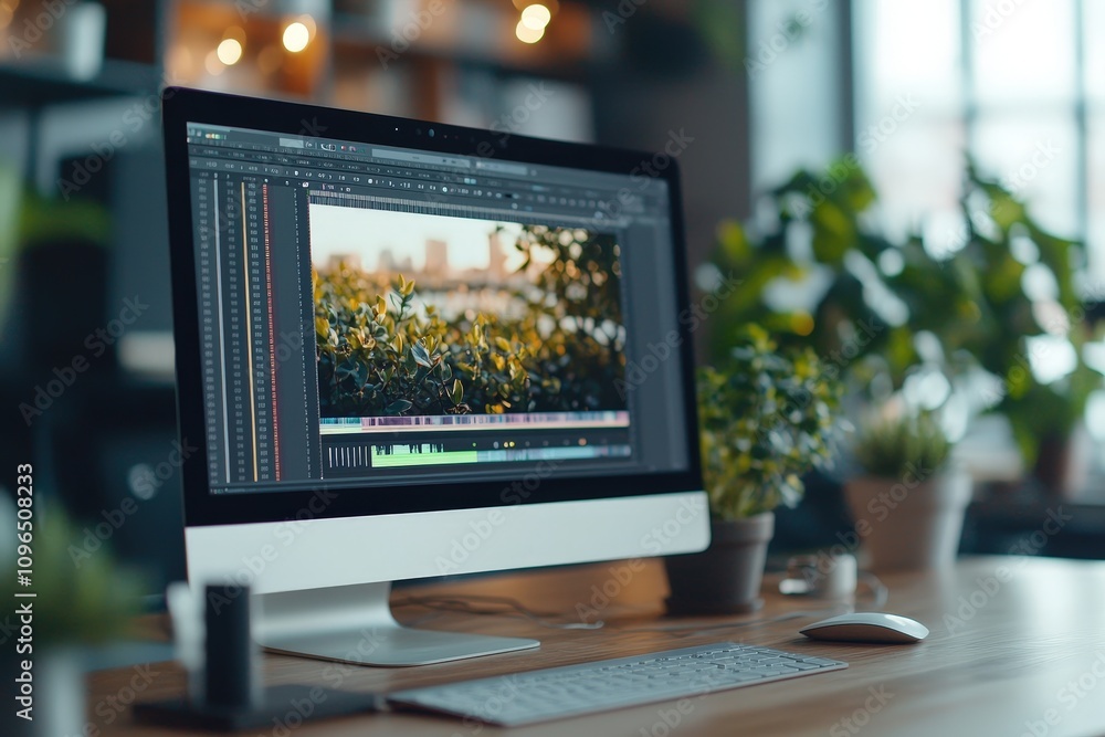 Aufkleber modern computer setup displaying cinematic video editing frame with vibrant nature scenes, showcasin