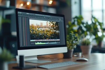Modern computer setup displaying cinematic video editing frame with vibrant nature scenes, showcasing a creative workspace filled with greenery and natural light.