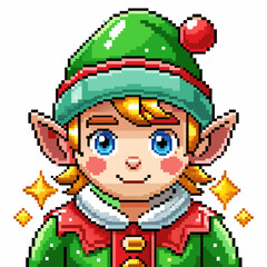 Pixel Art Elf Character with Green Hat and Red Outfit Smiling in Christmas Theme