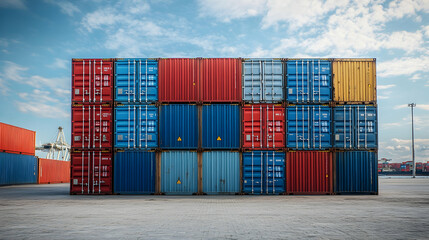 Fototapeta premium Stack of Colorful Cargo Containers at Port