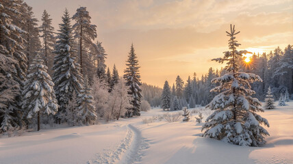 Obraz premium Winter forest path with snow-covered trees