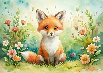Fototapeta premium Adorable Little Cute Fox Watercolor Design Illustration Perfect for Kids Rooms, Nursery Decor, and Nature-Themed Projects, Showcasing a Whimsical Style with Vibrant Colors