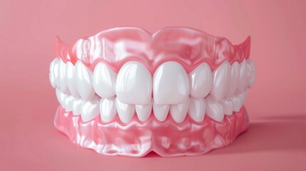 Obraz premium Glossy pink gums with bright white teeth in a detailed dental model on a pink background. Minimalist studio composition. Dental health, oral hygiene, and tooth care concept. Generative AI