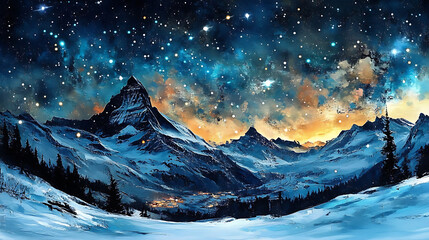 High-resolution image portraying a painted alpine landscape at night.