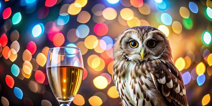 Adorable Owl Celebrating with Champagne Against a Bright Festive Background Perfect for Birthday or Celebration Greeting Cards