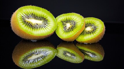 Three juicy kiwi fruit slices, reflecting on a dark surface.