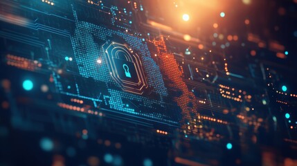 Digital Lock Icon on Tech Background with Data Streams