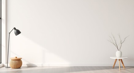 White wall with wooden table and lamp.