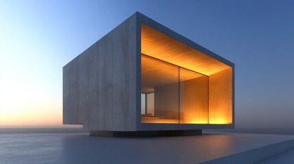 Modern Minimalist Concrete Cube House at Sunset