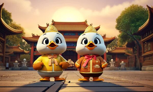 Playful Cartoon Duckling Couple in Ancient Chinese City at Sunset or Sunrise