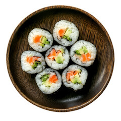 Extreme top view close up of hyperrealistic California roll on a dark bamboo plate isolated on a white transparent background