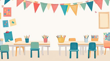 Fototapeta premium Bright and Colorful Classroom Decor with Tables and Chairs for Creative Activities, Featuring Banners, Art Supplies, and Inspirational Wall Displays