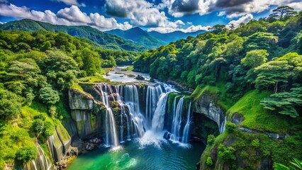 Fototapeta premium Aerial Long Exposure Photography of Xiao Wulai Waterfall in Fuxing District, Taoyuan, Taiwan on a Sunny Day, Showcasing the Scenic Beauty of Nature and Waterfalls