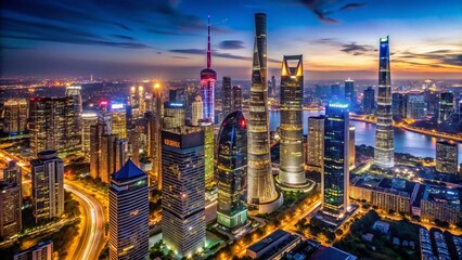 Fototapeta premium Aerial Night View of Shanghai's Financial District with Skyscrapers and High-Rise Buildings in a Smart City Landscape, Showcasing the Vibrant Lights of Asia's Urban Center