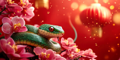 Fototapeta premium A green snake, Chinese New Year celebration, orchid flower, red china lantern, red background with space for text