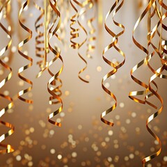 Golden festive Christmas template with streamer ribbon, confetti and decor on gold foil background, glitter, bokeh.