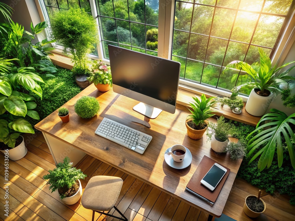 Poster aerial perspective of a modern workspace with a personal computer, showcasing productivity in a cozy