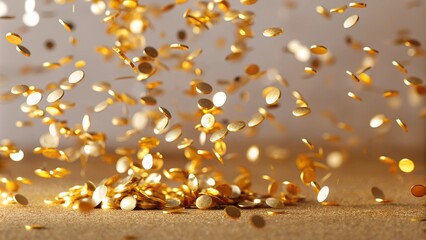 Golden festive Christmas template with streamer ribbon, confetti and decor on gold foil background, glitter, bokeh.