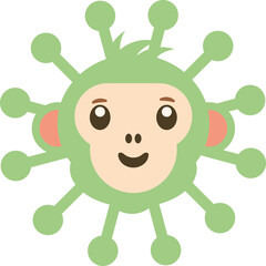 Cute green virus character with a monkey face, featuring round eyes, a small nose, and a smiling mouth, with multiple circular protrusions around its head.
