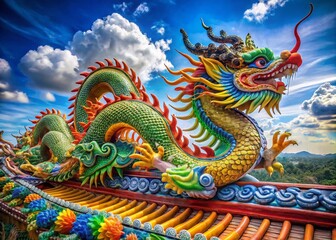 Fototapeta premium Aerial Photography of a Wide Panoramic View Showcasing a Colorful Chinese Dragon with Intricate Design Motifs in a Traditional Illustration Style