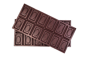 Two bitter dark chocolate bars isolated on a transparent background, top view