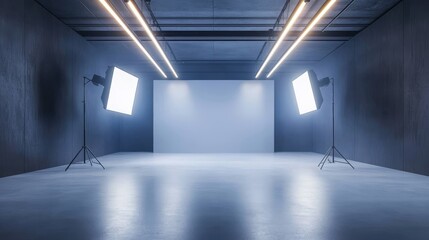 An empty professional photo studio that showcases advanced and modern lighting equipment, making it an ideal space for a wide range of photography and videography projects and endeavors
