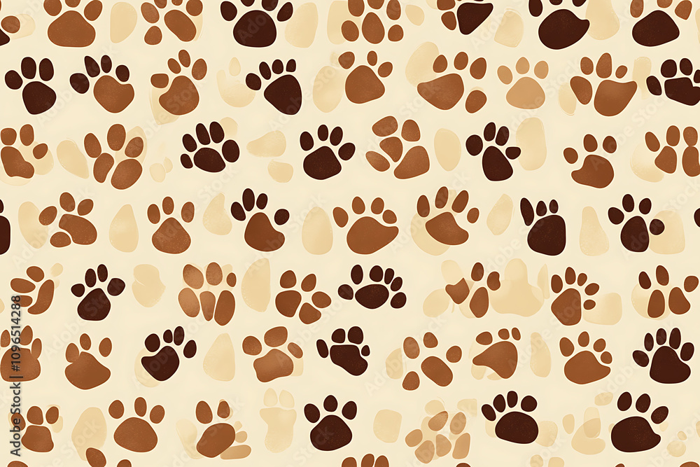 Poster a patterned background featuring various paw prints in shades of brown on a light surface.