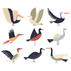 Creative Stylized Birds Set, Vector Art for Modern Designs, minimalism, muted colors, isolated, on white background