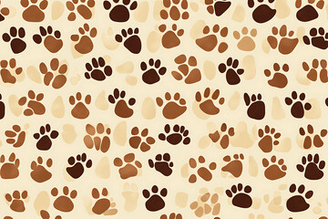 A patterned background featuring various paw prints in shades of brown on a light surface.