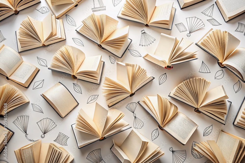 Poster aerial photography of open books with minimalist one-line drawings, symbolizing education and knowle