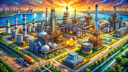 Obraz premium Aerial Photography of Oil and Gas Industry Doodle Concept Showcasing Exploration, Extraction, and Distribution Processes in a Creative and Engaging Illustration