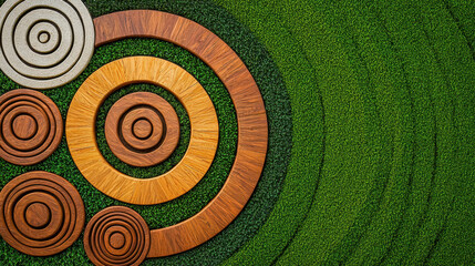 Circular wooden patterns on green grass create harmonious design
