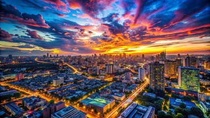 Aerial Photography of Psychedelic Nightfall Over a Vibrant Cityscape with Colorful Lights and Abstract Patterns in the Sky for Unique Visual Experiences