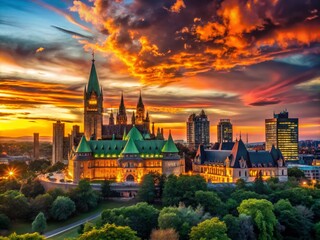 Aerial Silhouette of Ottawa's Downtown Core Highlighting Parliament Hill and Federal Government Buildings Against a Stunning Sunset Sky