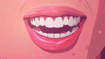 Close-up of a smiling mouth with shiny lips and white teeth. Digital illustration in vibrant cartoon style. Oral hygiene and dental care concept. Generative AI