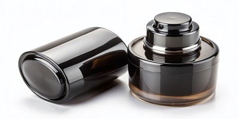 Aerial View of a Black Glossy Mousse Bottle with Black and Clear Cap Mockup Isolated on a White Background, Showcasing a Hair Styling Cosmetic Product in 3D Rendering