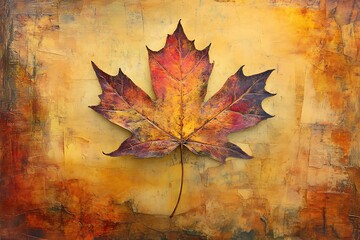 Single vibrant autumn maple leaf on textured background.