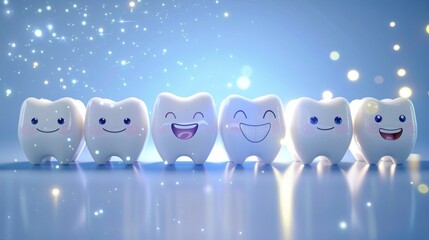 Row of cute smiling teeth with happy faces on a glowing blue background with sparkles. 3D illustration in playful style. Oral hygiene and dental care concept. Generative AI