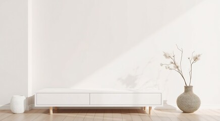 White media console with two drawers in minimal living room with dried flowers in a textured vase.