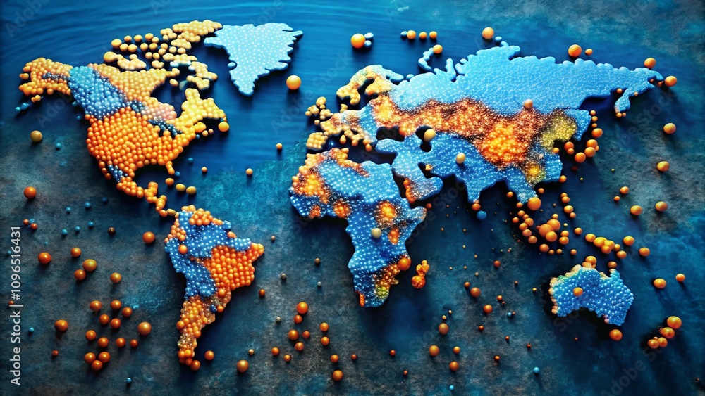 Poster aerial view of a colorful world map highlighted with blue and orange tones, featuring vibrant dots r