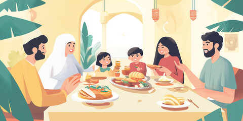 Unique whimsical illustration of a family enjoying break fasting together
