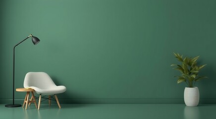 Minimalist living room interior with a green wall, a white armchair, a wooden side table, a plant in a white pot, and a floor lamp.